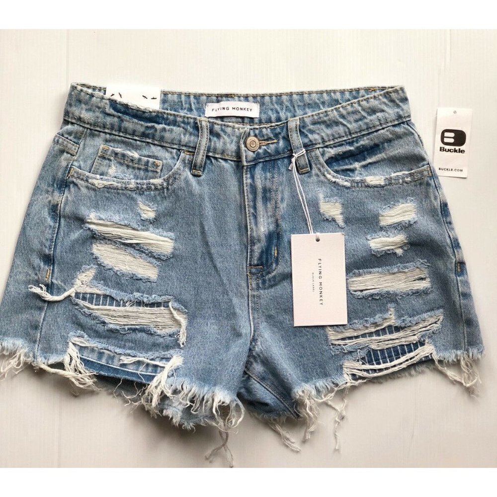 Flying monkey Womens Destruct Denim High Rise Frayed Hem Shorts Size 25, 27 - Picture 2 of 12